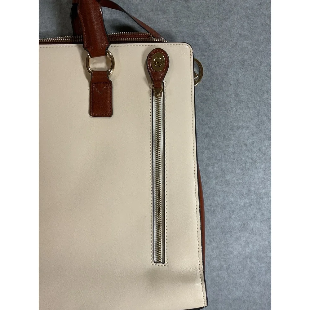 Bostanten White Brown Leather Briefcase Tote Laptop Zip Top Bag